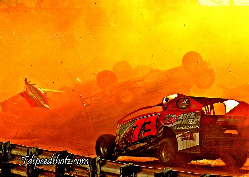 #73-STSS CRATE 602 SPORTSMAN RACER PAULIE HARTWIG III TRIES TO AVOID TROUBLE ON SELINSGROVE SPEEDWAY FRONTSTRETCH WHICH TOOK OUT 6 CARS-TODD DZIADOSZ PHOTO-3-18-2023-SS-1450